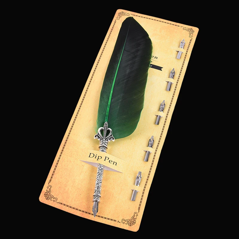 1 Set Feather Fountain Pen Calligraphy Pen Quill Oblique Fountain Luxury Pen Ink +5pcs Nib Metal for Fancy Font Office Supplies