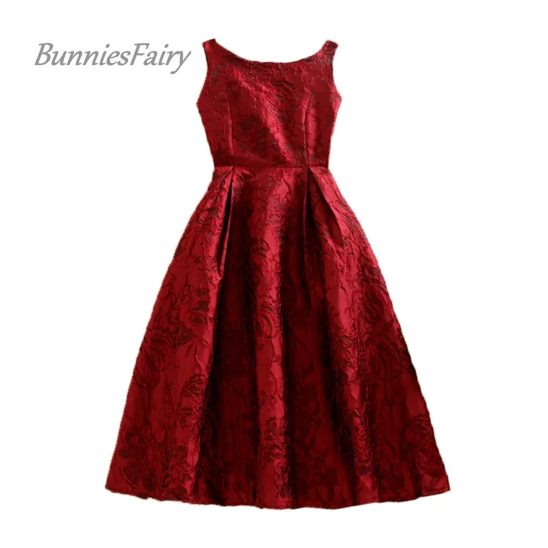 BunniesFairy, новинка весны, королевское винтажное платье в стиле Одри Хепберн, жаккардовое платье с цветочным принтом, женская жилетка с высокой талией, платье размера плюс - Цвет: 01Red