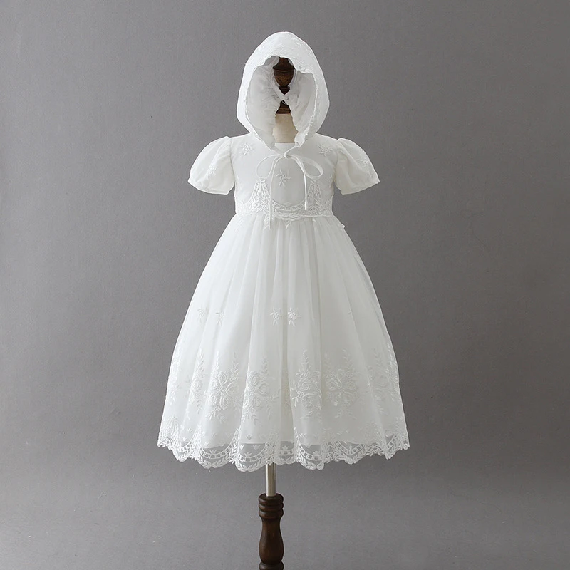Детское платье для крещения, дамская шляпа без полей, фатиновое кружевное платье, официальная детская одежда, крещение новорожденных, платье белая Крестильная одежда