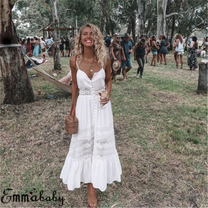 

Fashion Women Boho Long Maxi Dress Summer Sexy Ladies White Beach Evening Party Sundress Sleeveless Sling V-Neck Dresses Vestido