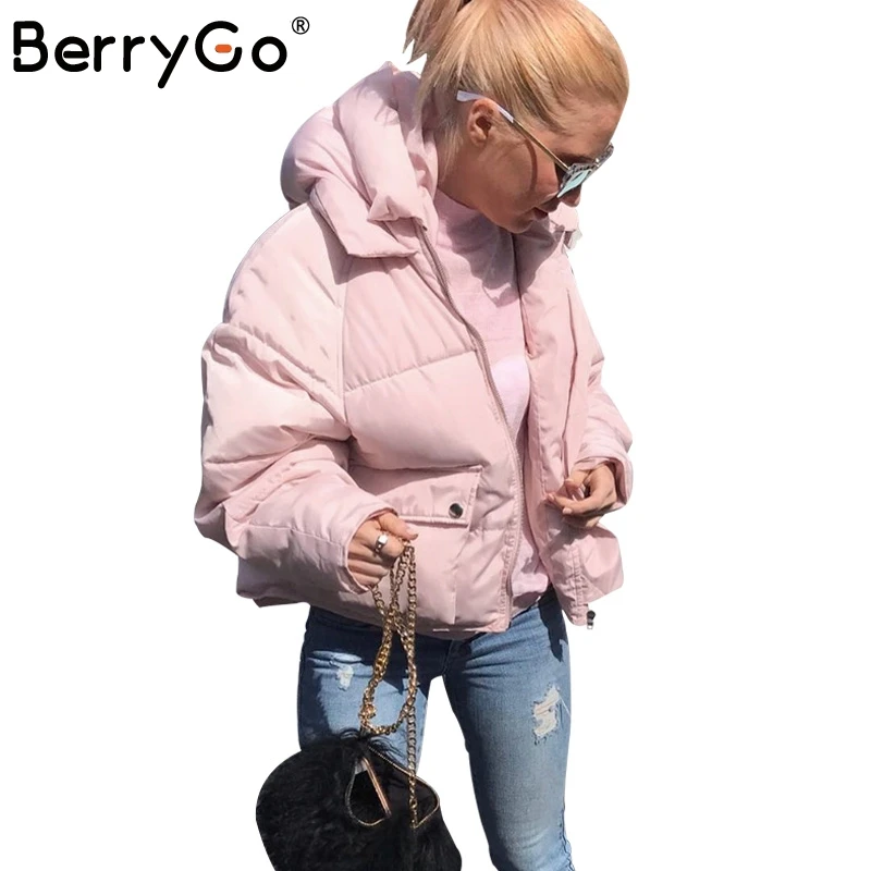 BerryGo Winter casual pocket hooded loose coat parka Women zipper padded streetwear parkas 2017 warm pink parka overcoat female