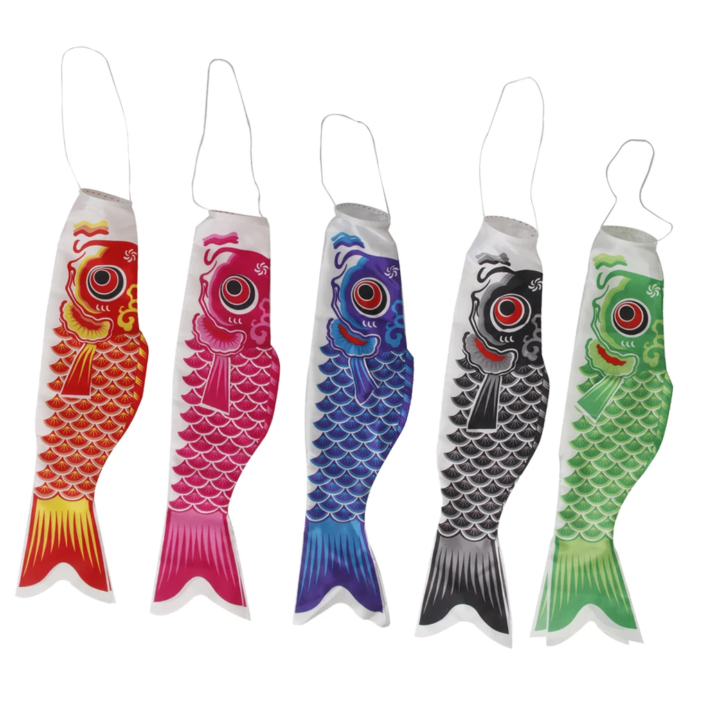 Japanese Windsock Carp Flag Koi Nobori Fish Wind Streamer Garden Decor 70cm (27.6'') Red, Pink, Blue, Green, Black 5-Piece Set
