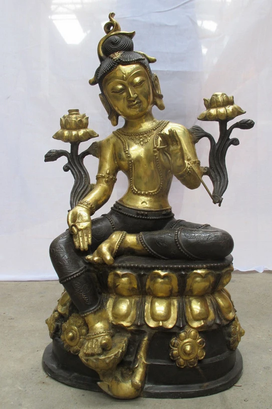 

003904 30"Tibet Buddhist Fane Bronze Gild Lotus Green Tara Kwan-Yin Buddha statue