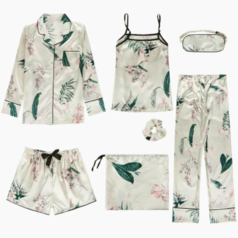 

8 Piece/Set Print Flower Women Spring/Summer Pajamas Set Rayon Silk Print Pyjamas Female Robe Shirt Stitch Lingerie Sleepwear