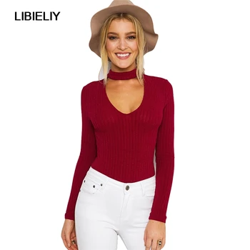 

Autumn Winter Black Halter Knitted Sweater White Sexy Pullover Women Tops Slim V Neck Long Sleeve