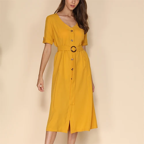 DeRuiLaDy женское элегантное летнее миди платье Сексуальное пуговицах коротким рукавом офисное платья повседневное летний женские платье - Цвет: Цвет: желтый