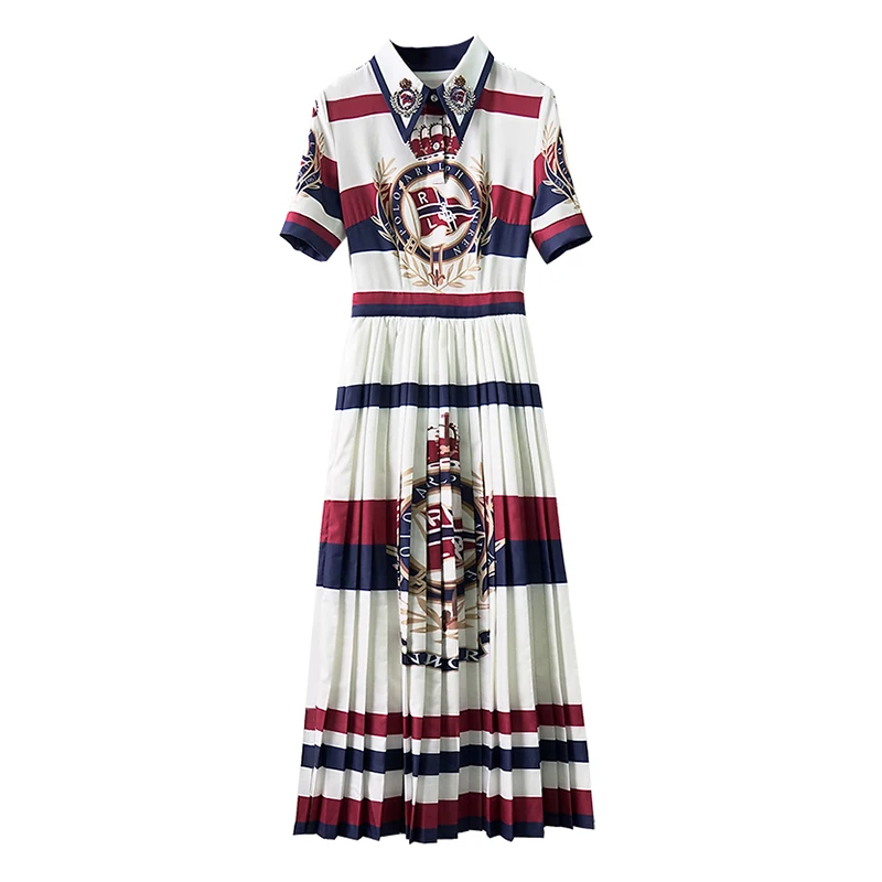 

print pleated dress turn down collar button short sleeve midi long dress elegant summer women female
