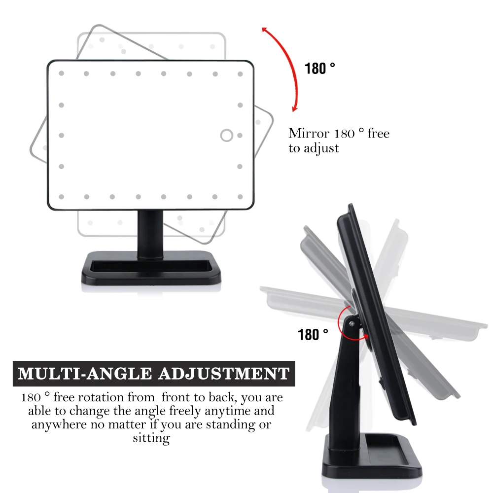 22 светодиода, светильник с регулируемым сенсорным экраном, зеркало для макияжа, вращающееся на 360 градусов, квадратная настольная подставка, косметическое зеркало, инструменты для макияжа