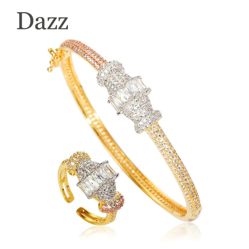 

Dazz New Exquisite Round Bangle Rings Sets Shiny Full Zircon Jewelry Set For Saudi Arabia Wedding Party Women's Accessories Gift