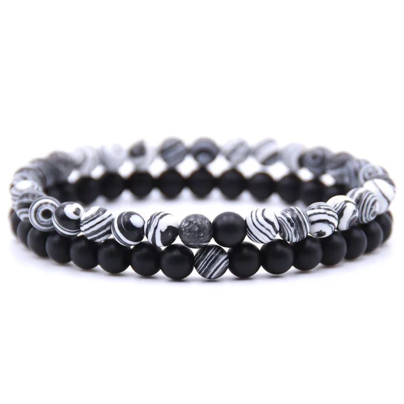 NIUYITID 2pcsset 6mm Lava Stone Bracelet Men Women Jewelry Lovers` Couple Braclet Natural Stone Bracelet Armband Heren (2)