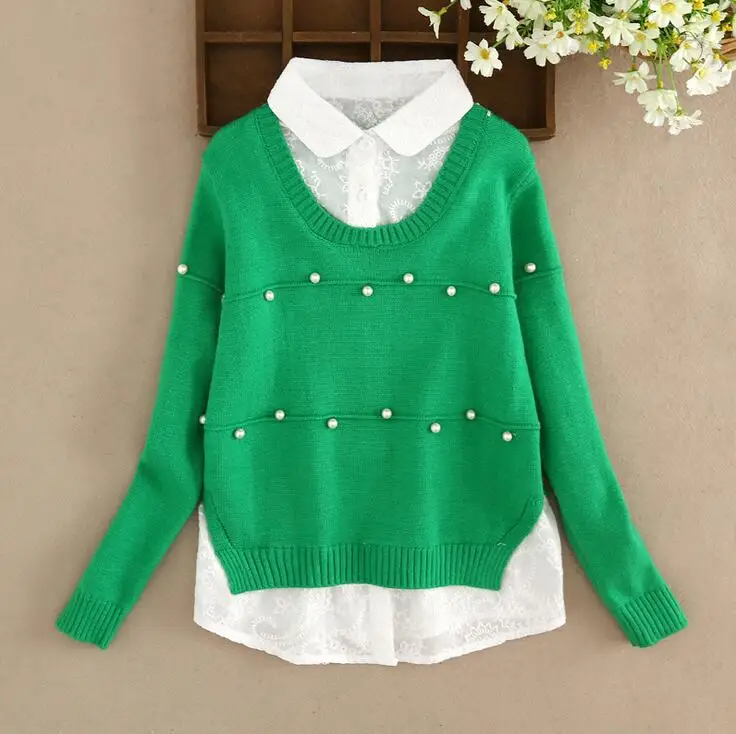 

Solid Color Fake Two-piece Children Knitted Pullover Long Sleeve Pearls Sweater For Girls Clothes Splicing Cardigan Pull Fille