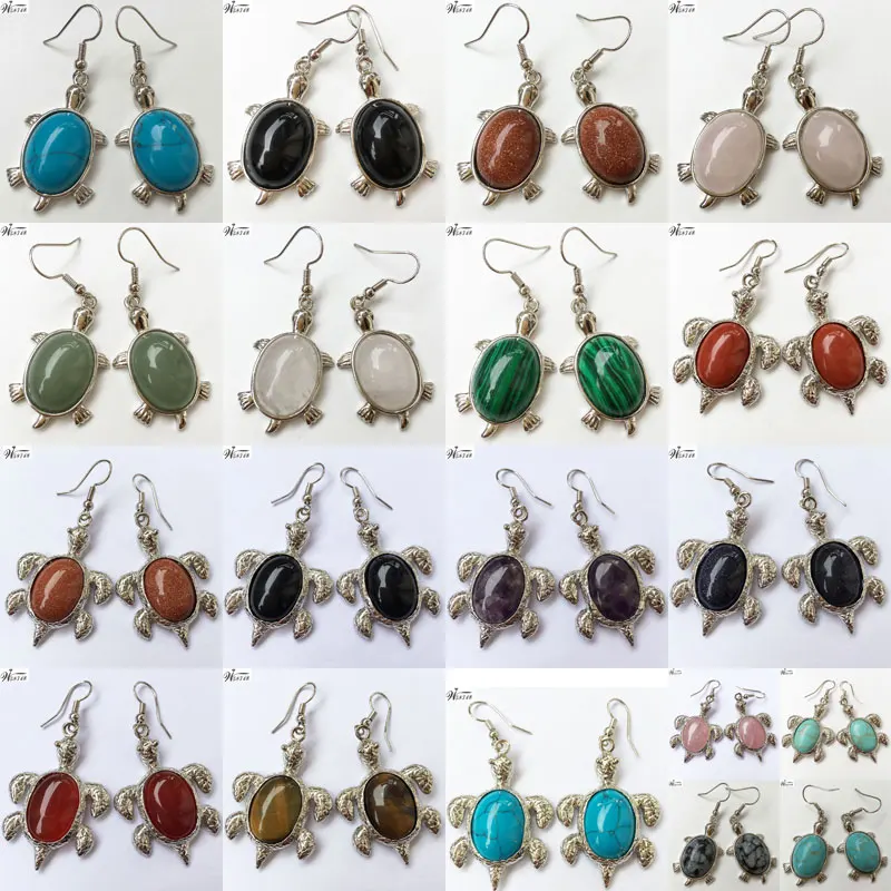 

Tiger Eye Crystal Malachite Howlite Goldstone Blue Sand Aventurine Carnelian Turtle Beads Dangle Earrings WFH607
