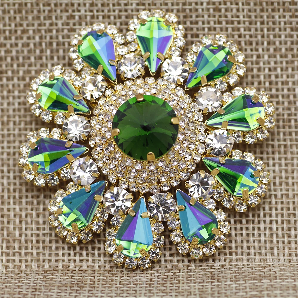 Flower Shape Sew On Rhinestones With Gold Base Rhinestone Applique