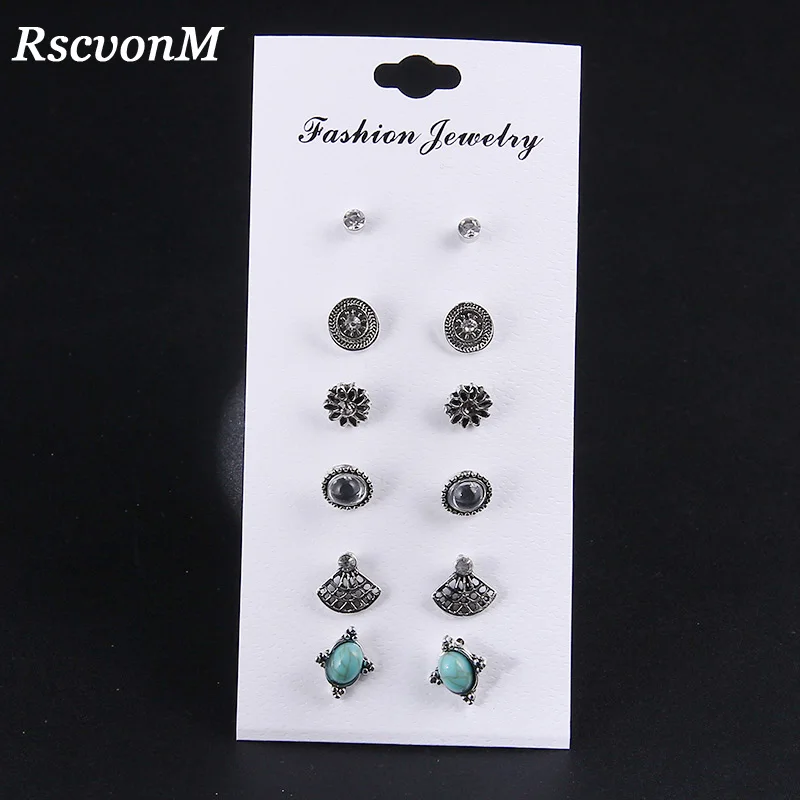 

RscvonM Vinatge Brincos Silver Color Alloy Ball Earrings 6 Pairs/Set Boho Antique Flower Crystal Earrings Set For Women Jewelry