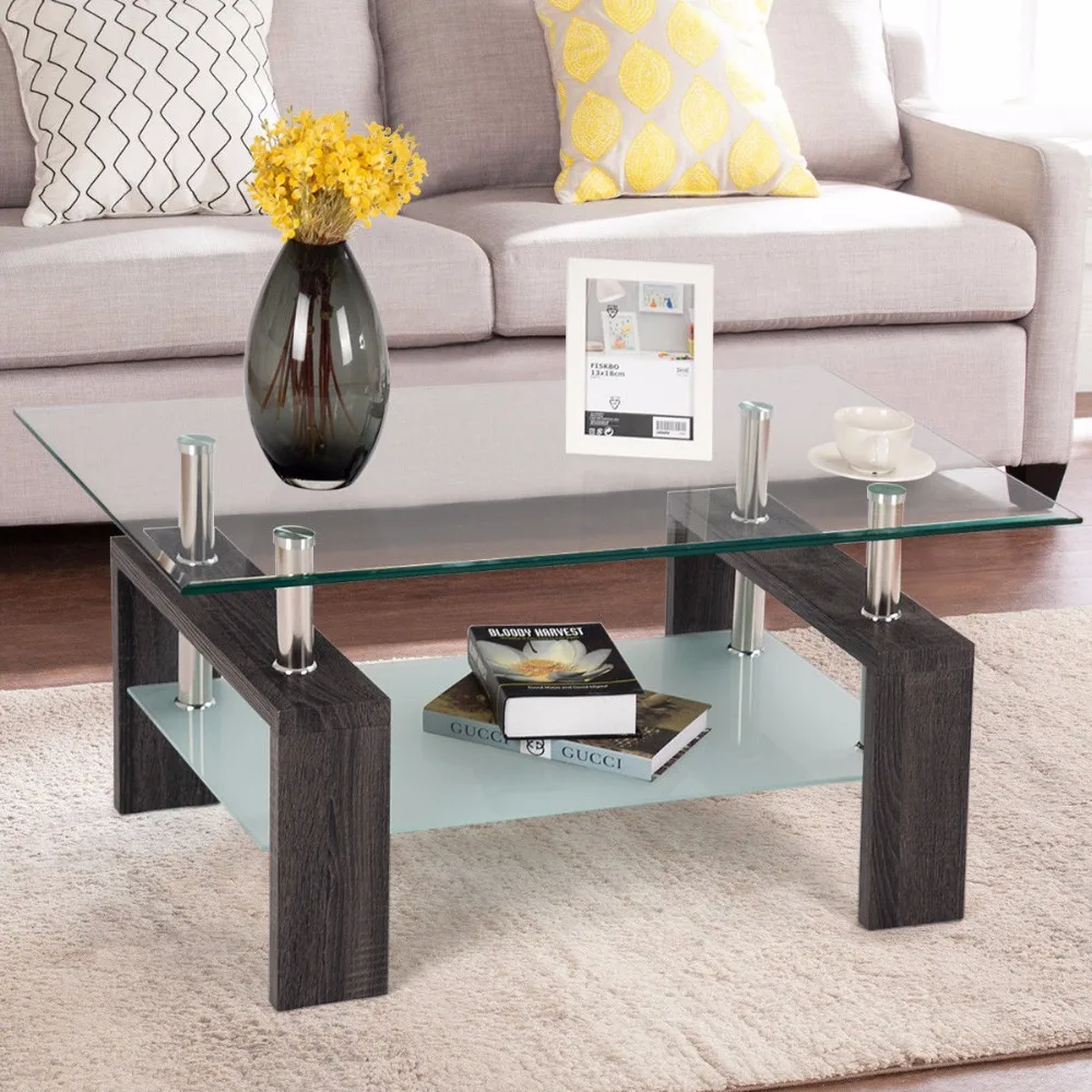 Giantex Rectangular Tempered Glass Coffee Table End Side Table with Shelf Home Furniture Living Room Furniture HW57279BK