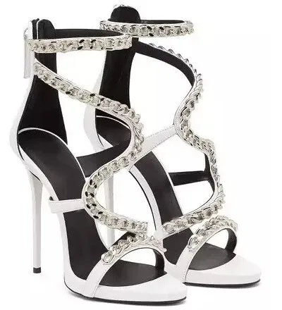 

Luxury Women shoes Newest High Quality Hot Sale Fashion Cheap Price Sexy Thin Heel Shoes Black Red Silver Chain-Wrapped Leather