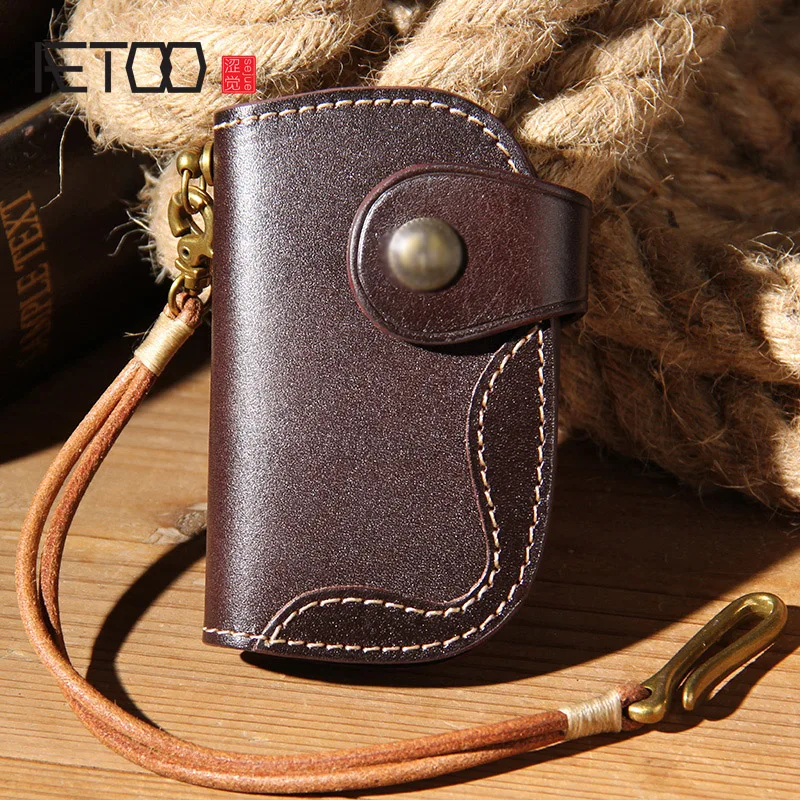 

AETOO Hand-planted cowhide key bag, men's leather pure copper waist hanging zero wallet, car multi-functional key fob