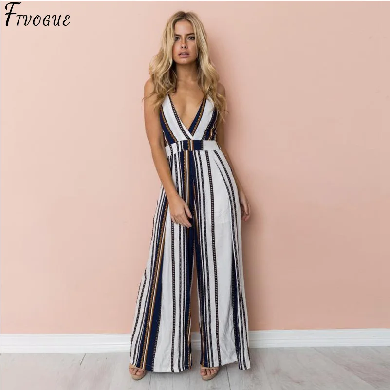 

Sexy Women Striped Summer Jumpsuit Sleeveless Strappy High Waist Ladies Clubwear Deep V Neck Playsuit Bodycon Party Jumpsuit