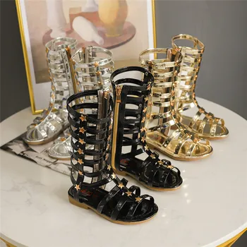 

New Summer Girls Sandals Child Female High Gladiator Sandal Cool Rivet Hot-selling Fashion Cutout For Party