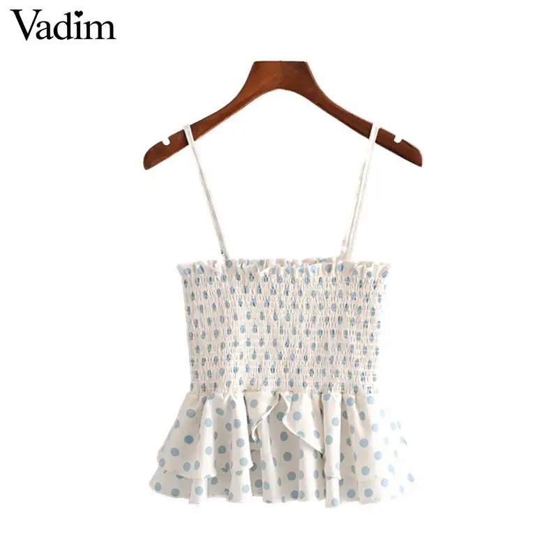 

Vadim women stylish polka dots pleated backless crop top ruffles adjustable straps stretchy female summer wear blouses WA284