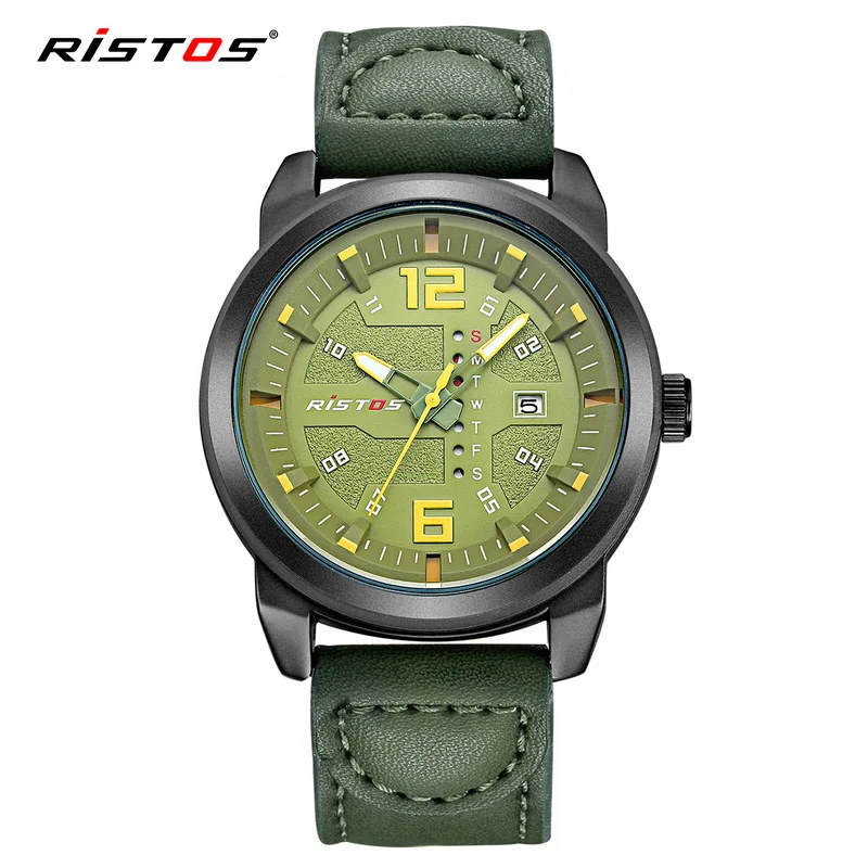 

RISTOS Luxury Brand Quartz Analog Army Watch Casual Leather Watches Reloj Masculino Sports Men Watch reloj hombre military 93011