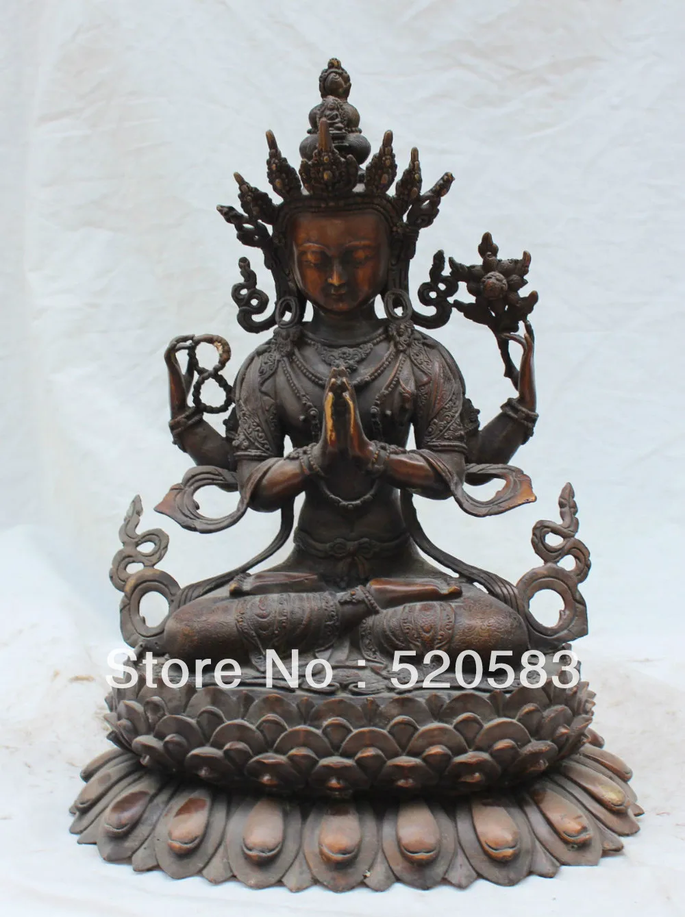 

Free Shipping 14" Chinese Tibet Bronze 4 Hands Arms Chenrezig Goddess Buddha Seat Lotus