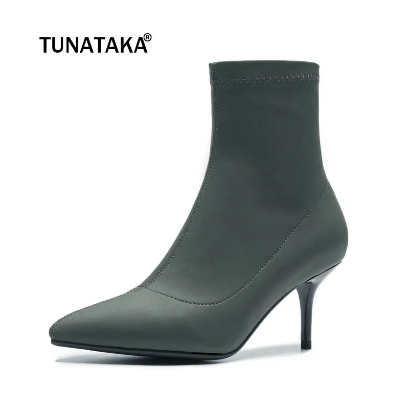 

Women Silk Sexy Thin Heel Ankle Boots Fashion Pointed Toe Fall Winter Bootie Black Green
