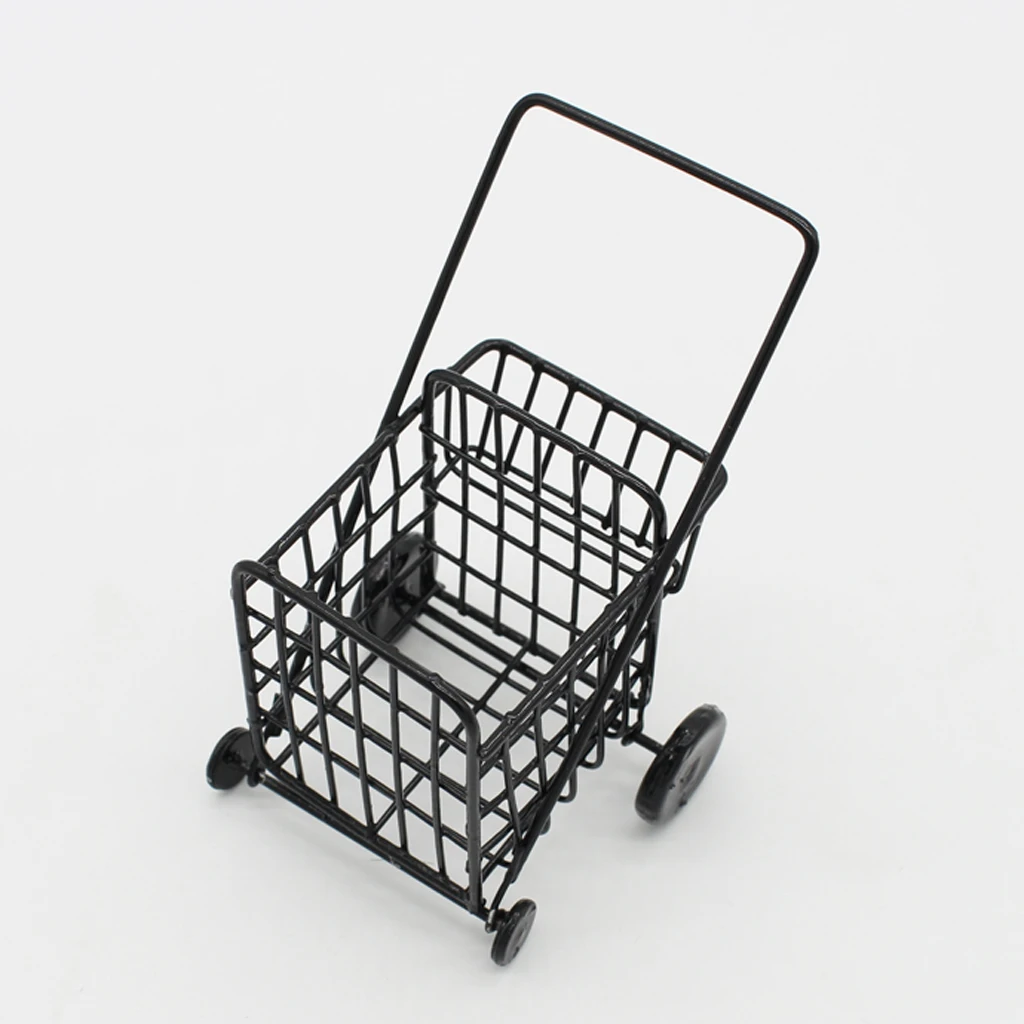 Dollhouse Miniature Metal Shopping Cart with Red Bag Kids Pretend Play Toy