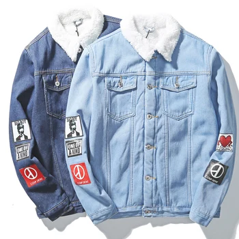 

Denim Jacket Mens Print Casual Warm Fleece Slim Fit Bomber Jacket Men Winter Jean Jacket Mens Outwear Male Cowboy Plus Size 4XL