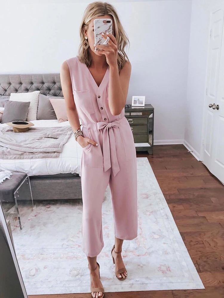 

Women V-neck Pocket Sashes Jumpsuit 2019 Pink Sleeveless High Waist Slim Button Rompers Casual Office Summer Overalls