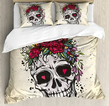 

Sugar Skull Decor Duvet Cover Set Wreath of Roses and Wild Flowers Hearts Boho Chic Design Decorative 4 Piece Bedding Set