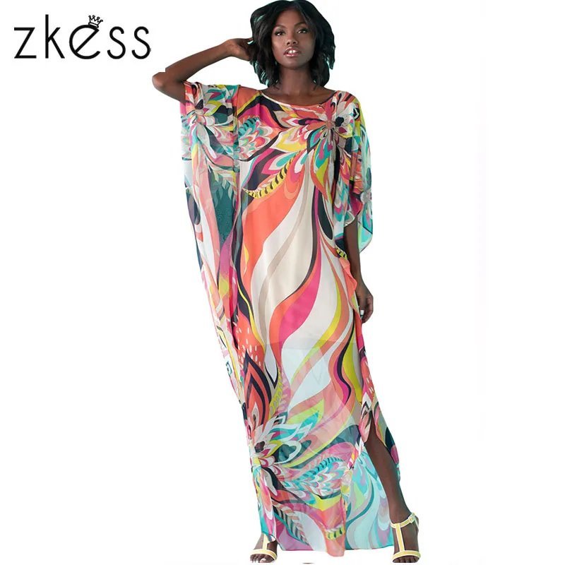 Artistic Colorful Floral Print Chiffon Kaftan Smock Summer Beach Dress LC42066dress skirtdress