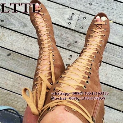 Cuir Automne Printemps Peep Gladiateur Sandales Haute Picture Femme En Toe as Up Brun À Chaussures Bottes Dentelle Picture Genou 2019 As Talons Hauts Femmes Mode The cL5qA3Rj4S