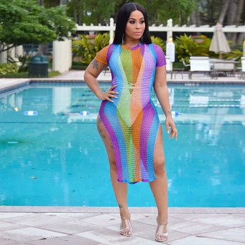 

Sexy Grid Print Striped Short Sleeve O Neck Two Side Open Slit Women Dress Casual Sheath Dress