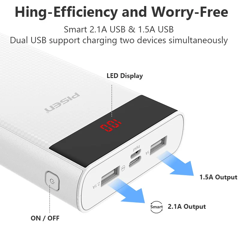  PISEN LED 20000mAh banco de energía tipo C Micro USB batería externa de teléfono Dual USB de carga 