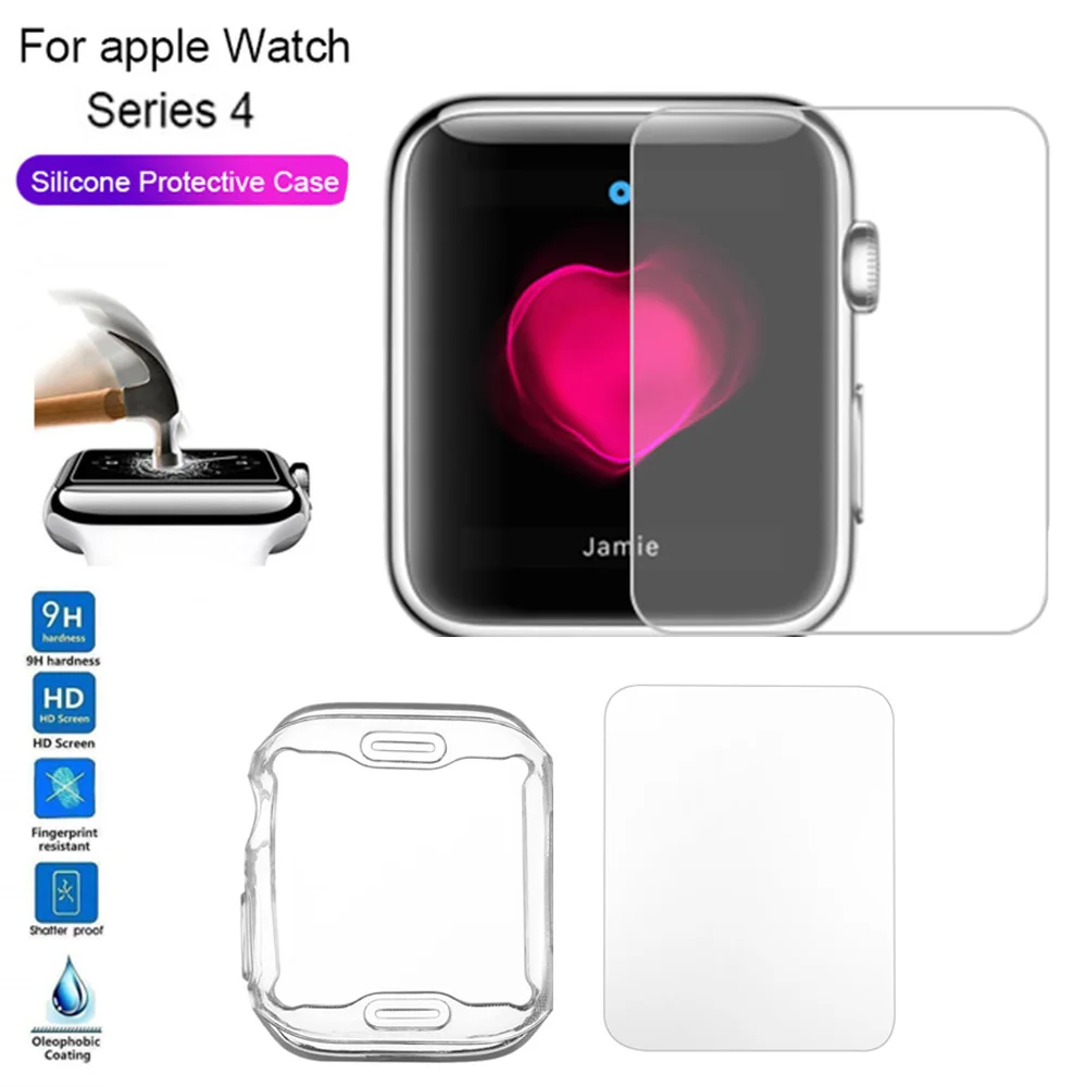 

40mm 44mm PC/TPU Ultra-thin Case Cover Tempered Glass Screen Protector films for i Watch Apple Watch Series 4 All-around Cover