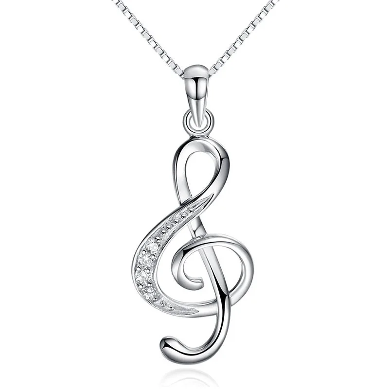 

100% 925 sterling silver hot sell music note shiny crystal ladies`pendant necklaces female short box chain jewelry cheap