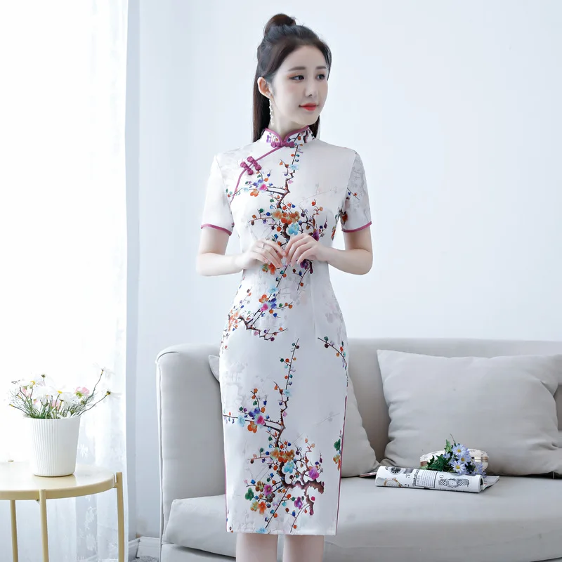 

Free Shipping 2018 new casual chinese style dress print design slim cheongsam evening dress chinese traditional dress qipao