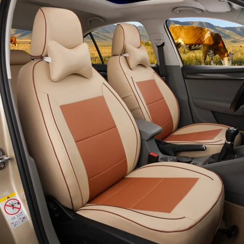 AUSFTORER чехлы для сидений из воловьей кожи на заказ для Volvo XC90 чехлы для сидений автомобиля набор протекторов аксессуары 5 и 7 сидений - Название цвета: Beige X Brown for 7