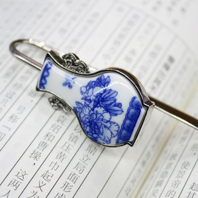 Китайский стиль уникальный маленький подарок голубая и белая фарфоровая ваза металлическая закладка - Цвет: D