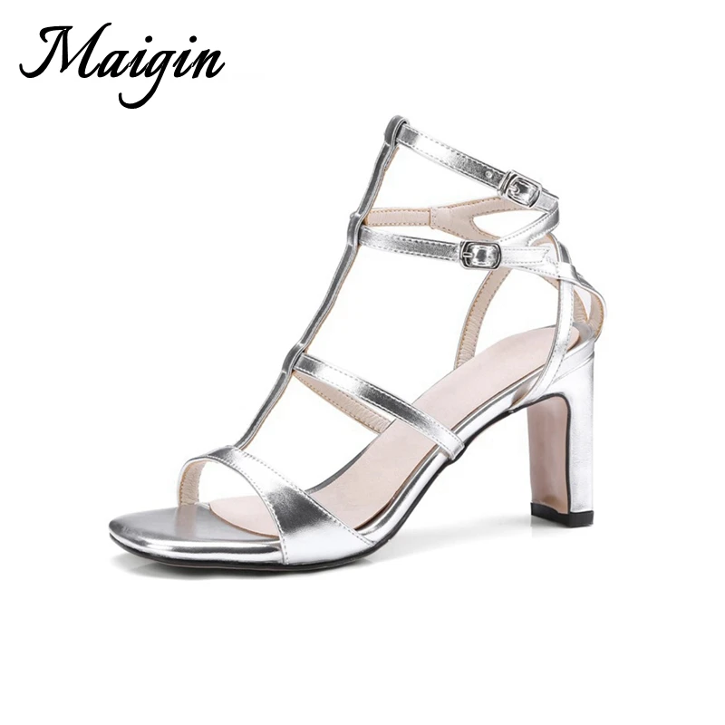 Maigin Gold&Silver Roman Gladiator Sandals Women 2018 T-Strap High Heels Summer Sandals New Summer Shoes for Women Footwear