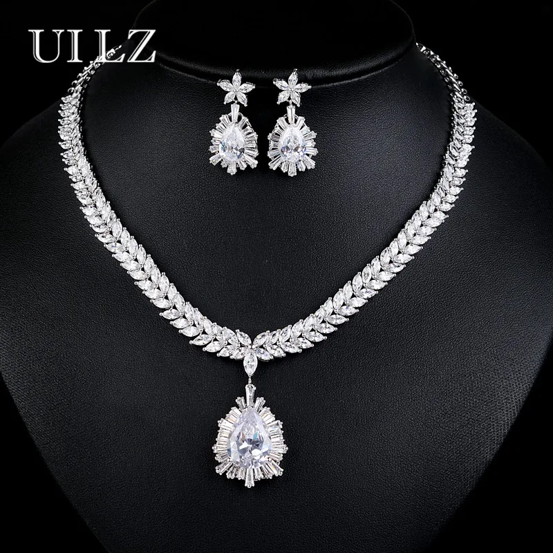 

UILZ 2017 Luxury Women Bridal Wedding Necklace Water Drop Zirconia Earrings Bling Jewelry Set US002
