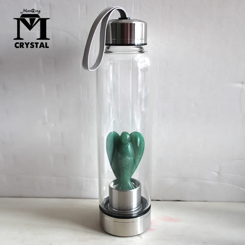 Natural Aventurine Crystal Angel Glass Water Bottle Point Wand Infused Elixir Cup Glass Water