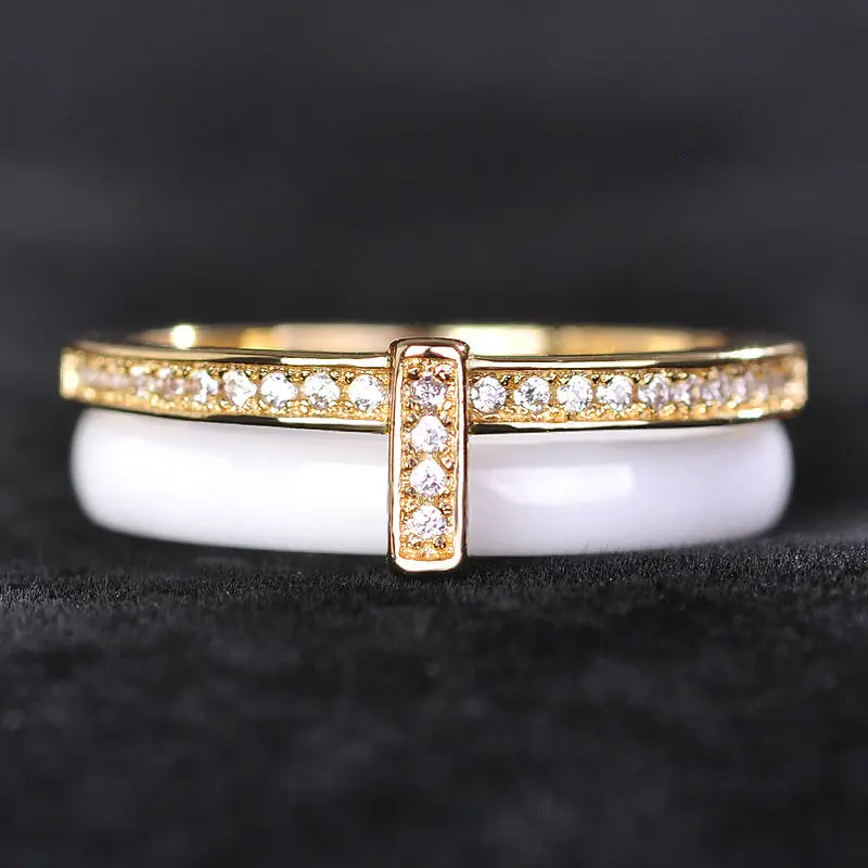 

Dazz Simple Black White Ceramic Zircon Rings Women Man Gold Silver Color Double Thin Aros Porcelain Wedding OL Couple Anello
