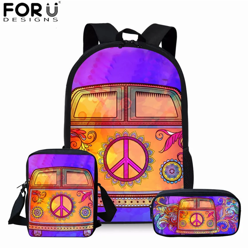 

FORUDESIGNS Hippie Bus Printing Yellow School Bags for Teenager Girls Cool Middle School Student Schoolbag Sets Kids Book Bag