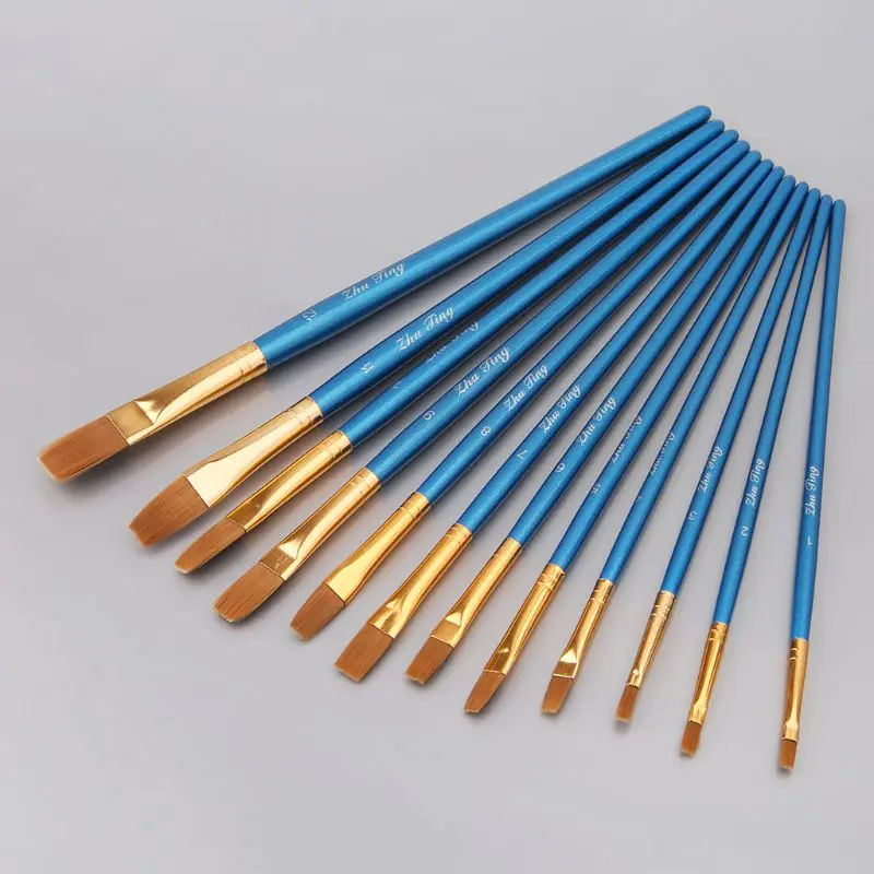 

12Pcs Artist Paint Brush Set Nylon Bristles Watercolor Acrylic Oil Painting Slant Flat Round Pointed Pen Tip Art Supplies C26