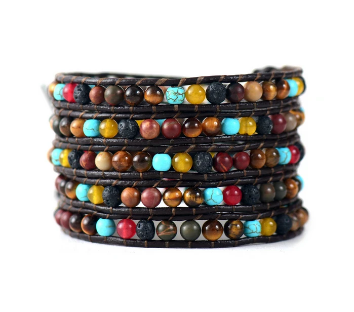 5 Row Leather Wrap Bracelet Mix Natural Stones Vintage Leather Weaving
