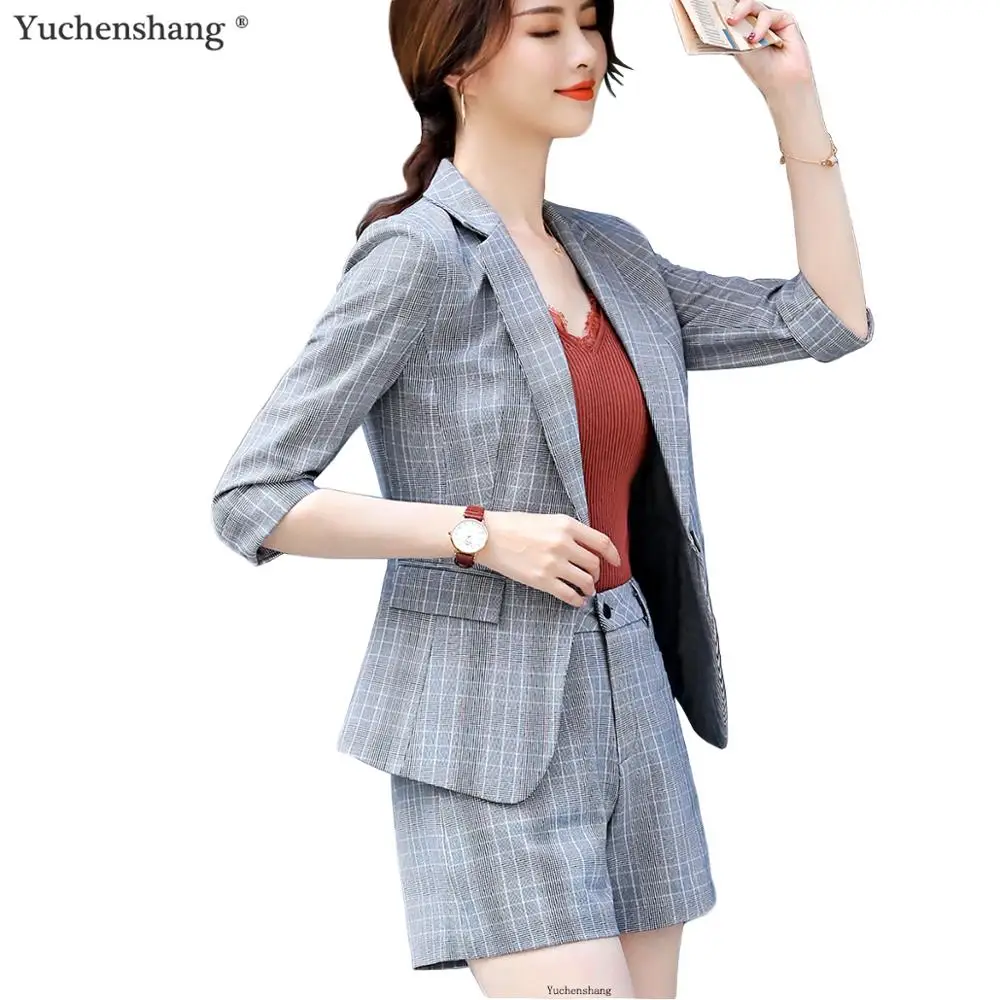 

Fashion Women Summer Pant Suit Casual 2 Piece Set Size S-4XL Three Quarter Sleeve Plaid Jacket Blazer and Pant Set