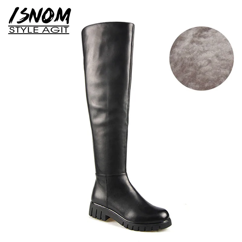 

ISNOM Over The Knee Women Boots Round Toe Warm Wool Footwear Cow Leather Lady Motorcycle Boot Thick Heels Shoes Woman Winter