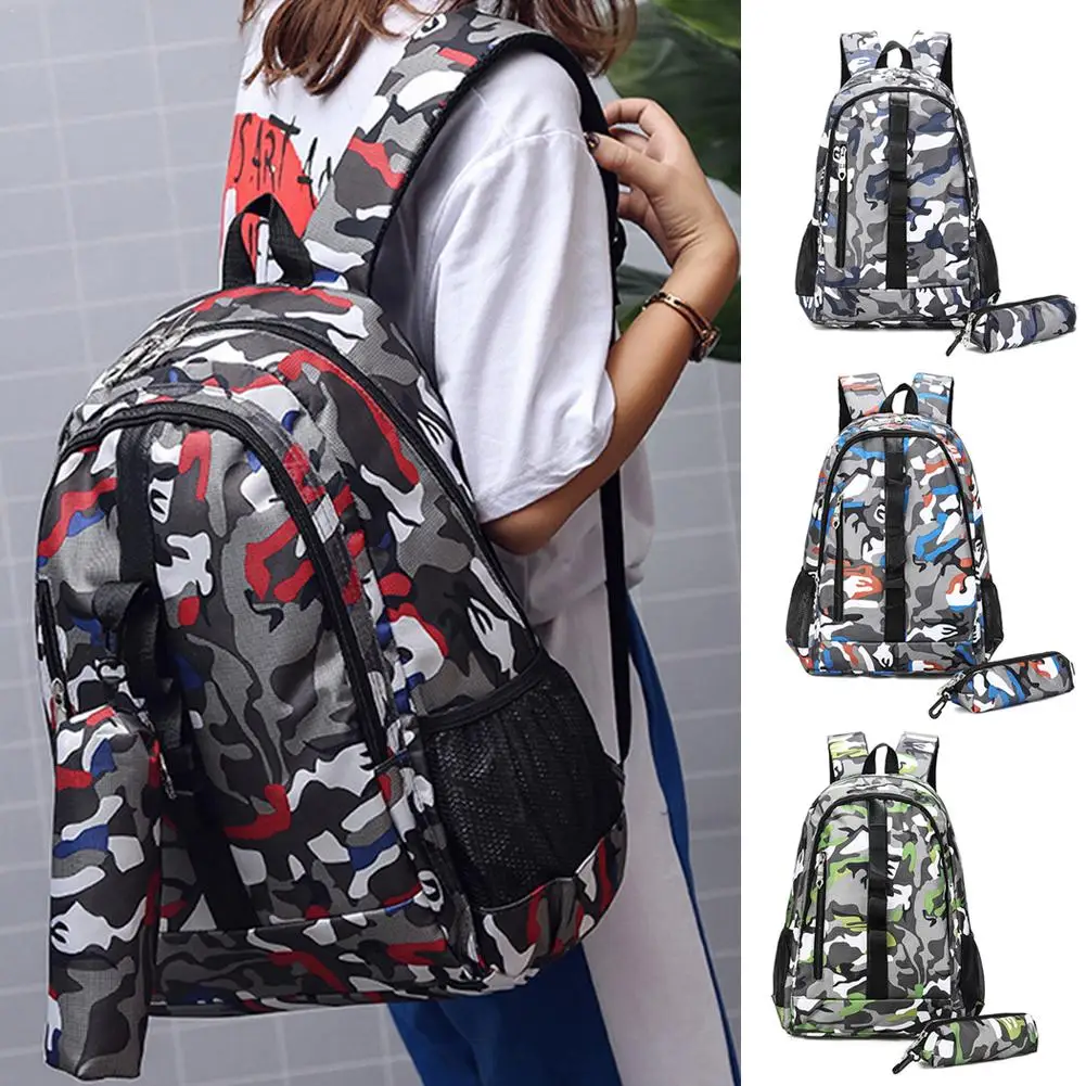

Student Camouflage Backpack Storage Bag Two-piece Large Capacity Breathable Durable Backpack Outdoor Travel Summer Camp Bag